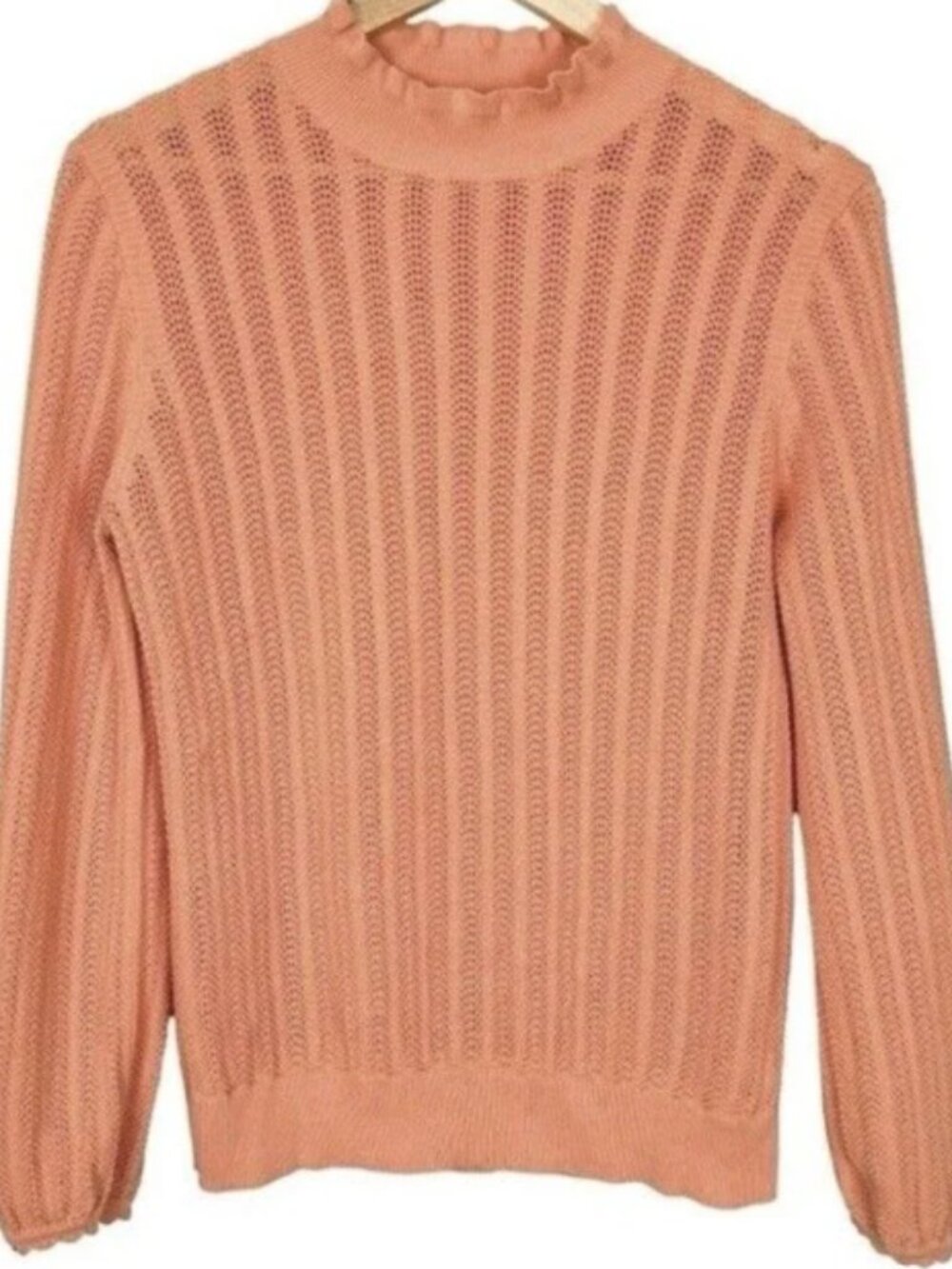 J Crew Peach/Coral Pointelle Cotton Ruffle Mock Neck Sweater Size Large NWT